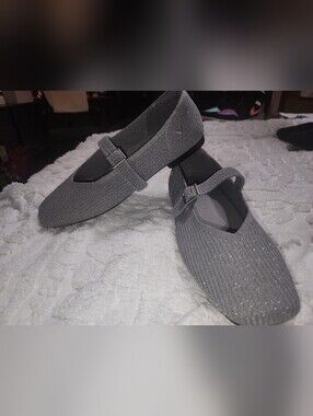 Vivaia "Margot" Silvery Gray Mary Jane Knit Flats, Size 7.5